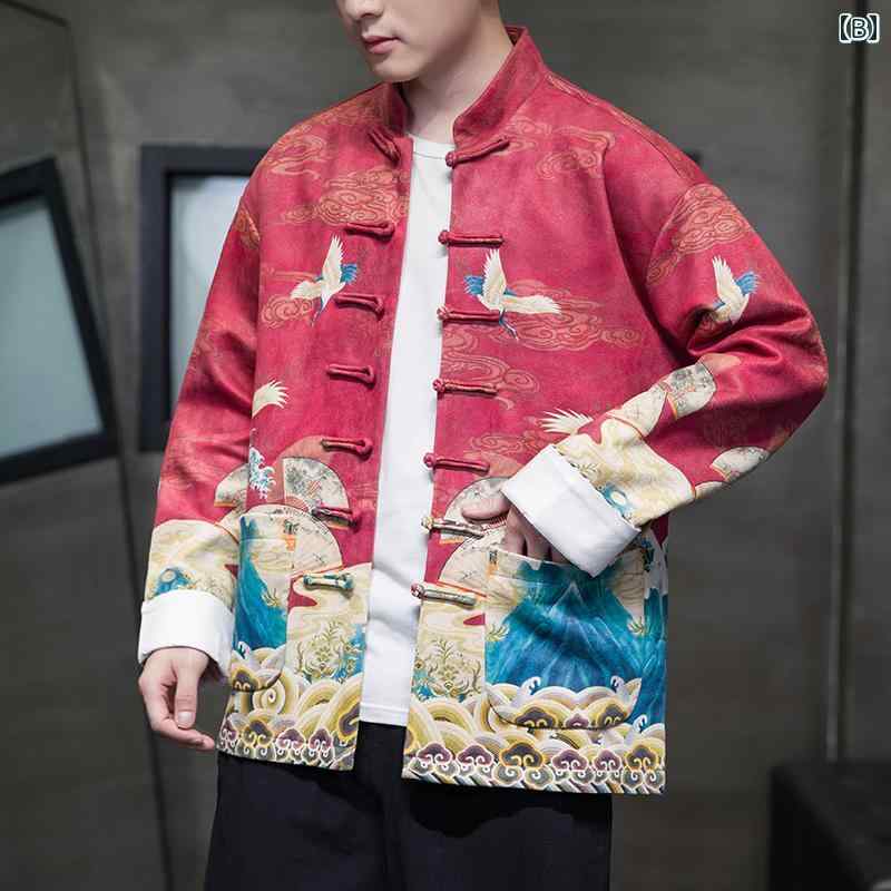 アウター メンズ おしゃれ ダンディ チャイナ風 漢服 中国 チュニック トレンド ジャケット バック スキン 起毛 鶴 プリント プレート バックル 唐 スプリング ジャケット