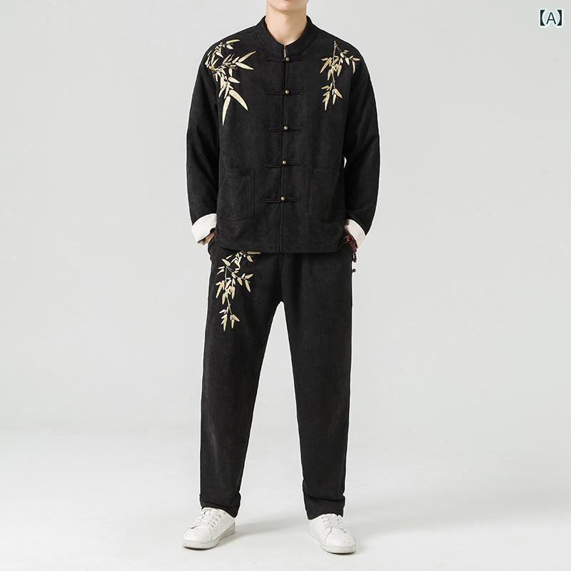 アウター メンズ おしゃれ ダンディ 春 カジュアル 新 チャイナ風 竹 葉 刺繍 銅 バックル 唐 チャイナ..