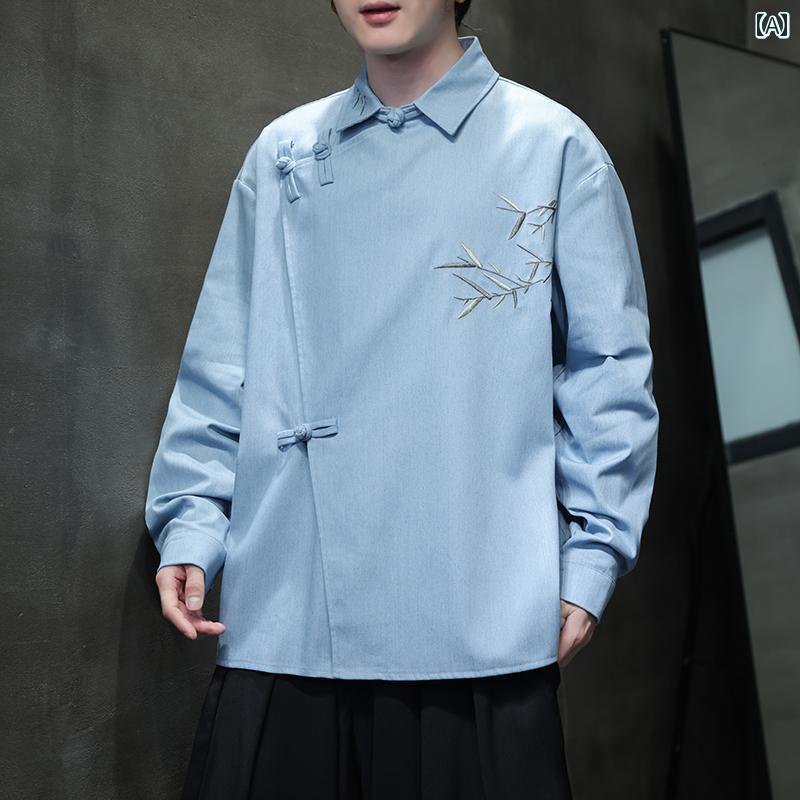 メンズ トップス おしゃれ カジュアル チャイナ風 長袖 デニムシャツ チャイナ風 竹 刺繍 プレート バックル 斜め 前立て 唐 チャイナ..
