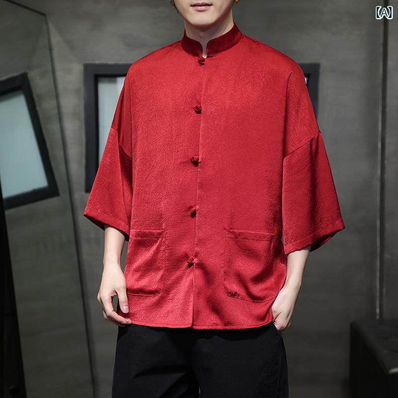 メンズ トップス おしゃれ カジュアル チャイナ風 夏 半袖 シャツ 氷 唐 チュニック チャイナ風 レトロ