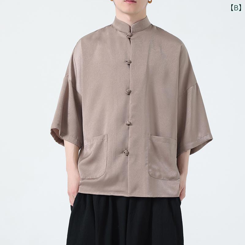 メンズ トップス おしゃれ カジュアル チャイナ風 夏 半袖 シャツ 氷 唐 チュニック チャイナ風 レトロ