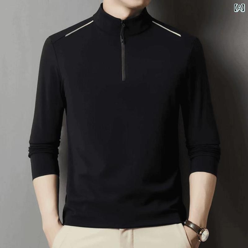 メンズ トップス おしゃれ カジュアル シンプル ソリッドカラー ファッション ジッパー スタンドカラー ポロシャツ 秋
