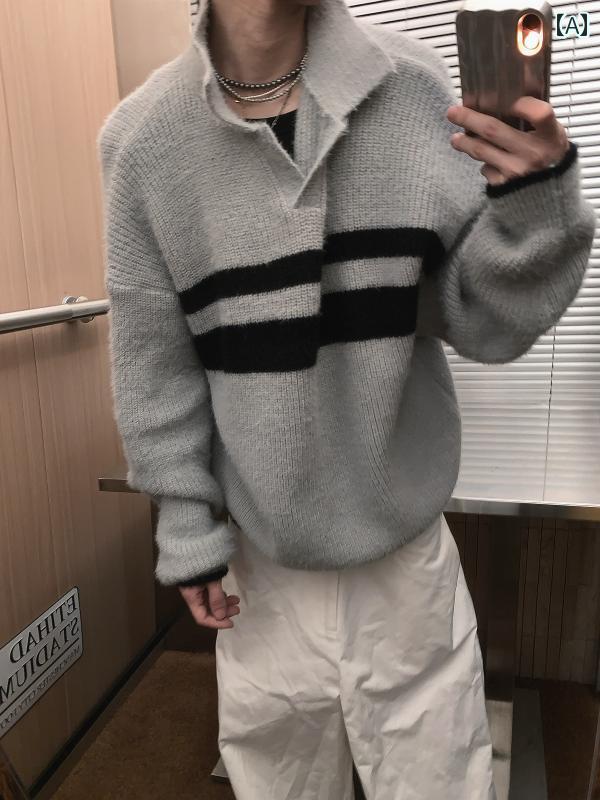 メンズ トップス おしゃれ カジュアル アメリカン レトロ ストライプセーター レディース ゆったり 対照 ニット セーター