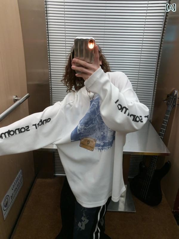 メンズ トップス おしゃれ カジュアル アメリカン レトロ ワッフル 長袖 Tシャツ トレンディ プリント ..