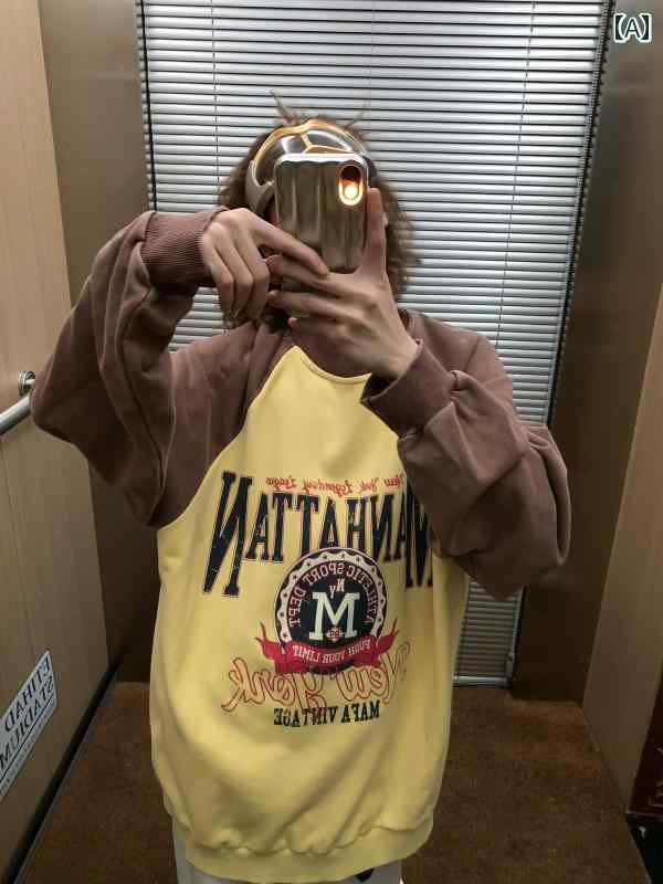 メンズ トップス おしゃれ カジュアル アメリカン レトロ プリント レター ラウンドネック スウェットシャツ コントラスト ラグランスリーブ