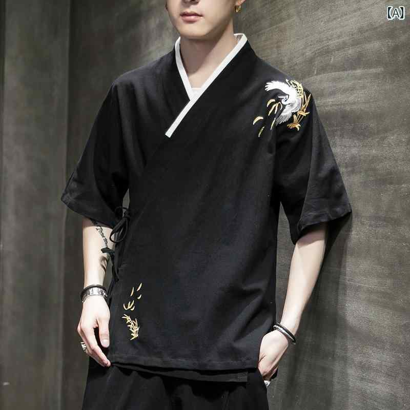 メンズ トップス おしゃれ カジュアル 夏 半袖 漢服 アンティーク チャイナ風 刺繍 綿 リネン レトロ 服 斜め襟 クロス カラー 漢 ハーフ アーム