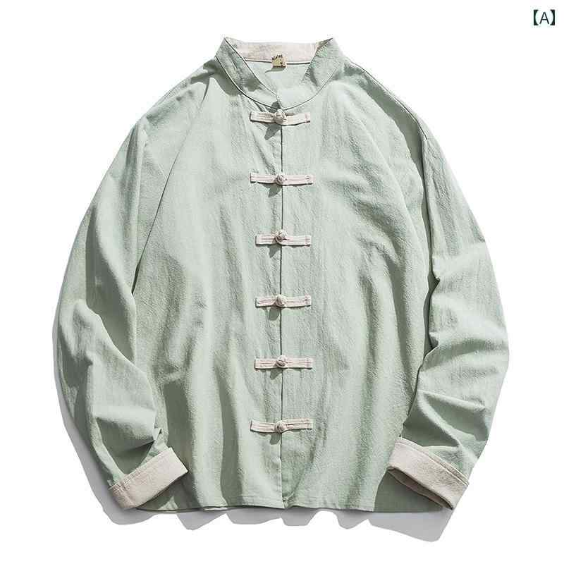 メンズ トップス おしゃれ カジュアル チャイナ風 長袖 シャツ 春 服 中国 レトロ バックル 唐 装 レトロ 衣装 大きめサイズ 茶師服 トレンディ
