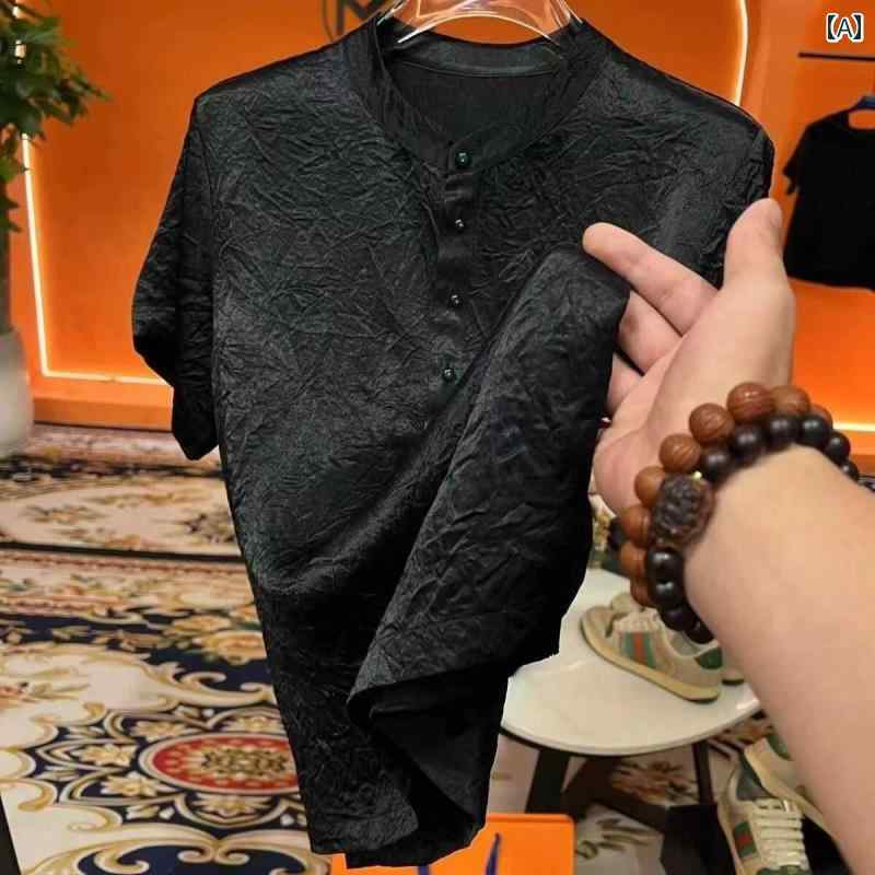 メンズ ファッション カジュアル おしゃれ チャイナ風 エンボス アセテート 半袖 夏新 黒 ラウンドネック ボタン