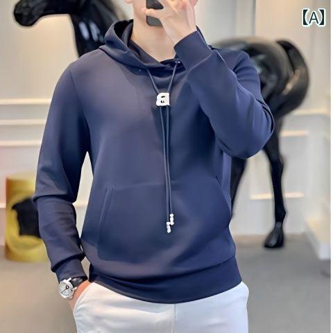 メンズ ファッション カジュアル おしゃれ 春秋 フード スポーツ トレーナー トレンディ シンプル スリム ソリッドカラー 長袖