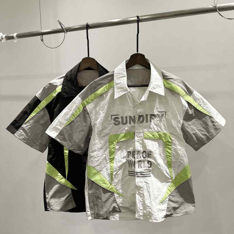 メンズ ファッション カジュアル おしゃれ トレンド カラー ブロック 半袖 シャツ 夏新 トレンド 刺繍 文字 シャツ