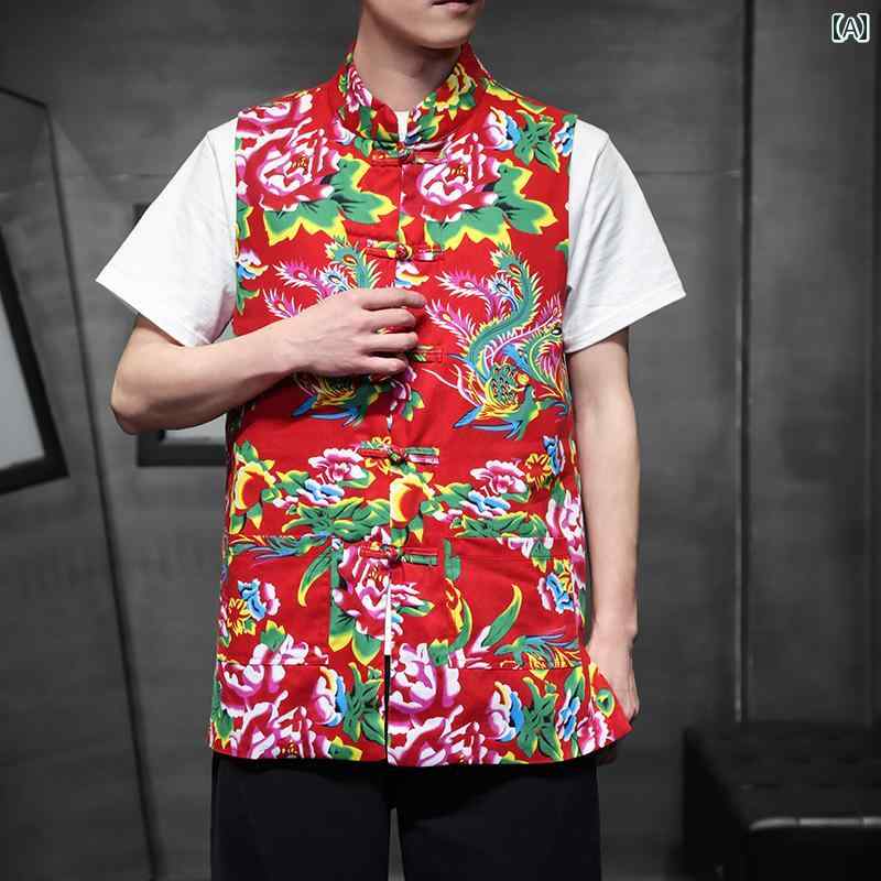 メンズ ファッション カジュアル おしゃれ 春夏 エスニック ベスト 花 ベスト 新 チャイナ風 ベスト バックル 唐 ジャケット