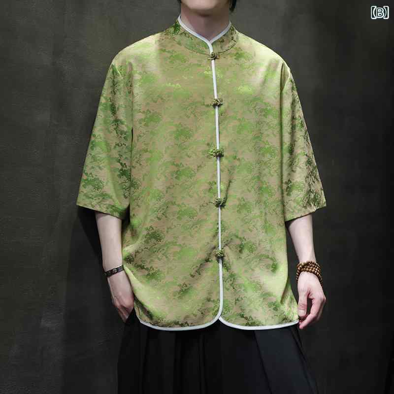 メンズ ファッション カジュアル おしゃれ チャイナ風 五分丈 ハーフ 半袖 シャツ レトロ 半袖 中国 ボタン ダウン 唐 夏 スリーブ シャツ