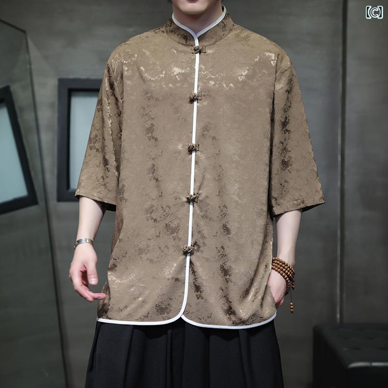 メンズ ファッション カジュアル おしゃれ チャイナ風 五分丈 ハーフ 半袖 シャツ レトロ 半袖 中国 ボタン ダウン 唐 夏 スリーブ シャツ