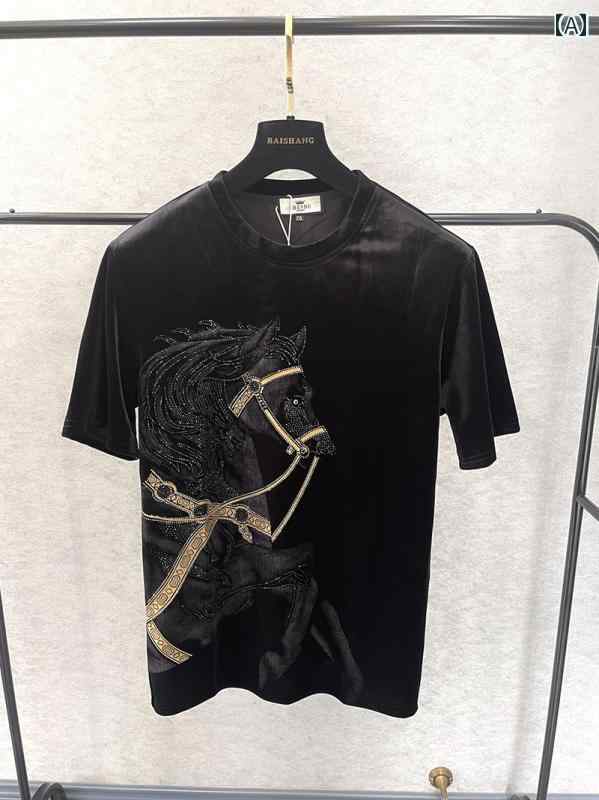 メンズ ファッション カジュアル おしゃれ グッズ 秋冬 厚手 ゴールド 起毛 ゴールデン ホース 半袖