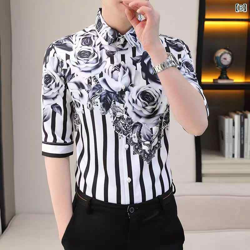 メンズ ファッション カジュアル おしゃれ 夏 ストライプ カラー スリーブ シャツ トレンディ スリムフィット 七分袖 シャツ