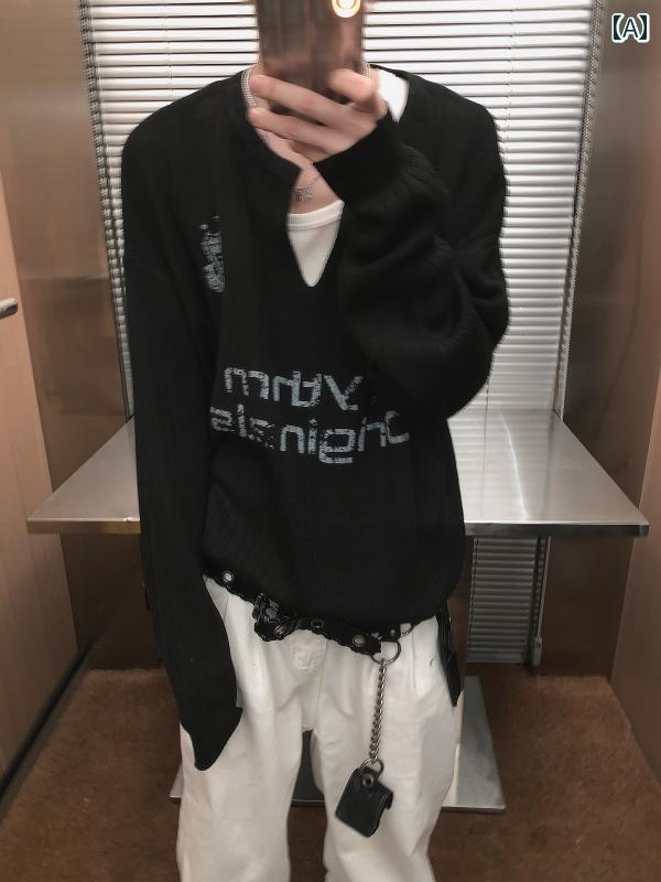 メンズ ファッション カジュアル おしゃれ アメリカン レトロ レター プリント Vネック セーター プルオーバー 黒 セーター トレンディ