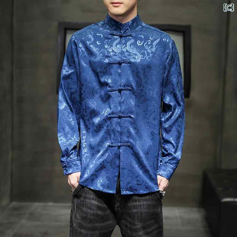 メンズ ファッション カジュアル おしゃれ チャイナ風 ドラゴン 柄 シャツ 薄手 涼しい 涼しい 中国 レトロ 唐 プレート バックル 大きめサイズ 春秋年 赤 長袖 シャツ