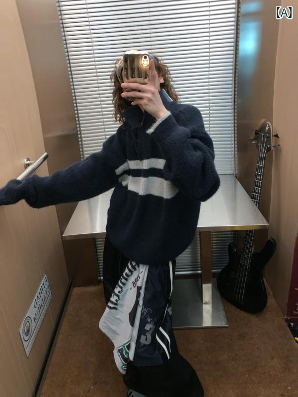 メンズ ファッション カジュアル おしゃれ アメリカン レトロ ストライプ セーター レディース ゆったり ソフト ワックス セーター