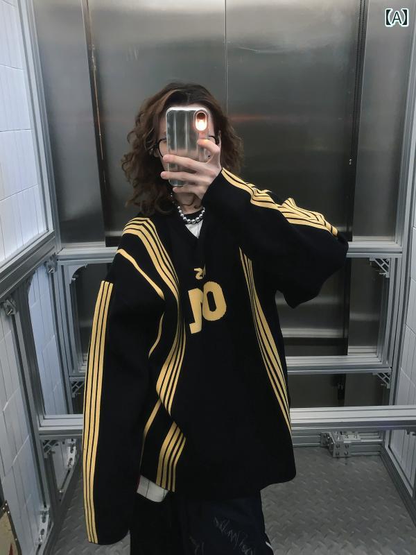 メンズ ファッション カジュアル おしゃれ アメリカン レトロ ジャカード ラウンドネック セーター レディース ゆったり ストライプ スポーツ セーター