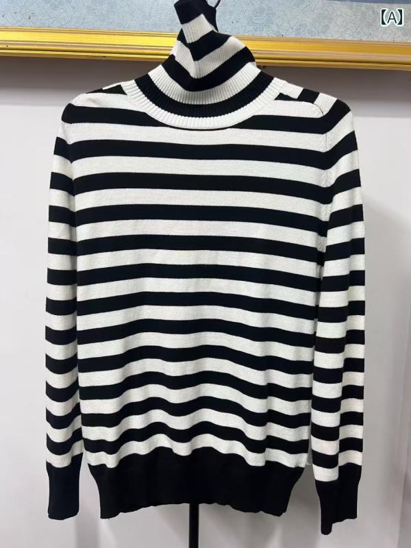 メンズ ファッション カジュアル おしゃれ 黒白 ストライプ レトロ タートルネック ストリート スリムフィット インナー セーター レディース