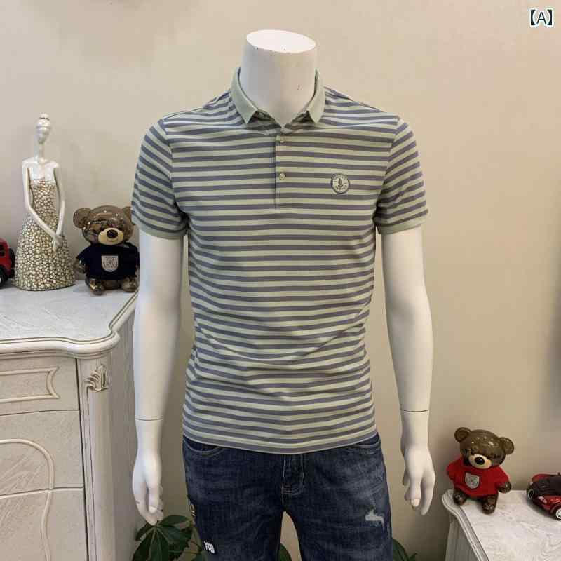 メンズ ファッション カジュアル おしゃれ 夏 ポロシャツ 半袖 トレンディ 個性 ストライプ 刺繍 半袖 Tシャツ(4.0)