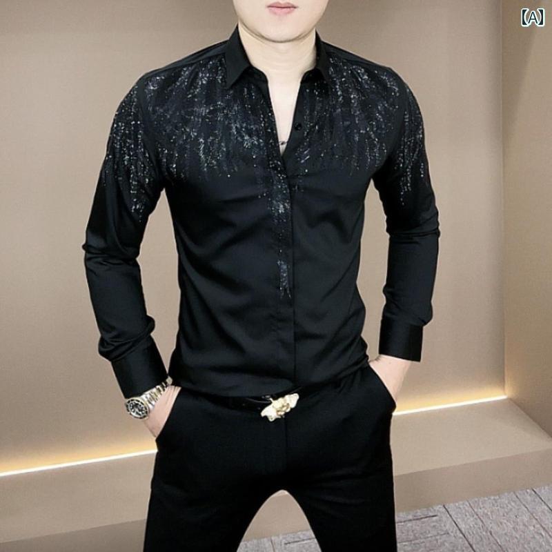 Casual Shirts - メンズ ファッション カジュアル おしゃれ シャツ 春秋 軽量 涼しい 涼しい 星空 スリム高 ストレッチ 長袖 シャツ