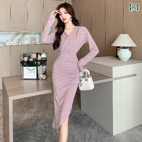 レディース ドレス 華やか セクシー エレガント パーティー 冬 社交界 魅惑 不規則 ウサギ 起毛 起毛 ニット ヒップ カバー レングス