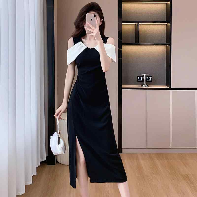 レディース ドレス 華やか セクシー エレガント パーティー 社交界 魅惑 黒白 対照 オフ ショルダーバッグ ヒップ スリット 黒