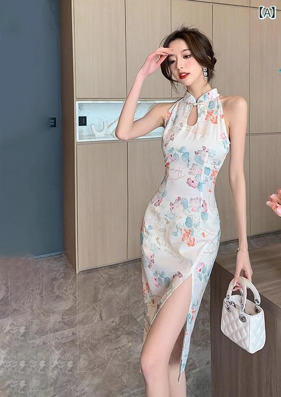 ウエスタン ガーリー 花柄 ドレス レトロ 魅惑 スリット チャイナ ドレス オフショルダー ドレス