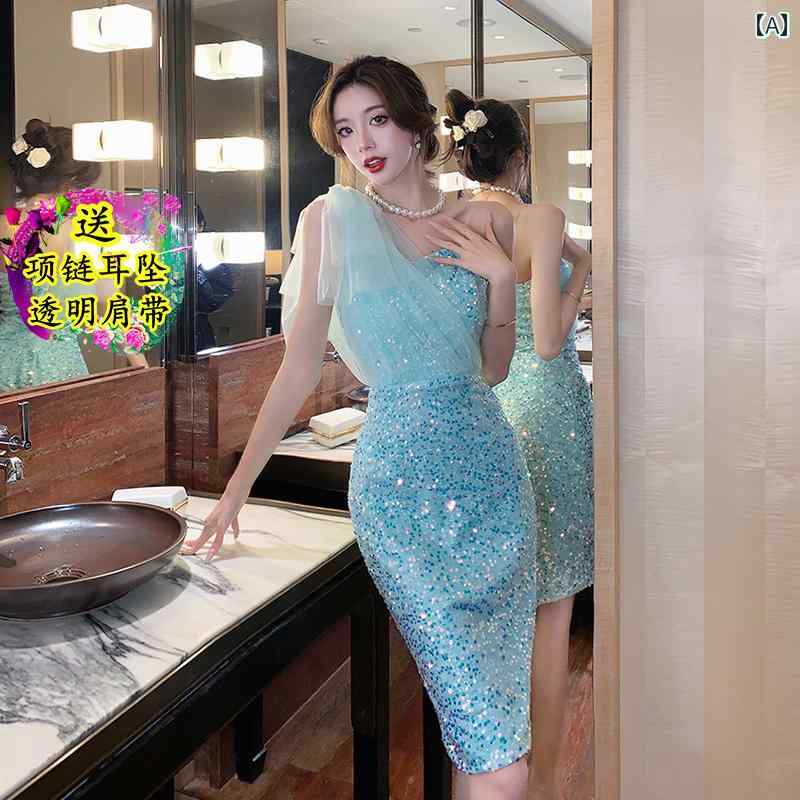 Other Apparel - 韓国 魅惑 オフショルダー スパンコール キラキラ キラキラ キラキラ ヒップ カバー ドレス 風 軽量 涼しい 涼しい 涼しい イブニングドレス