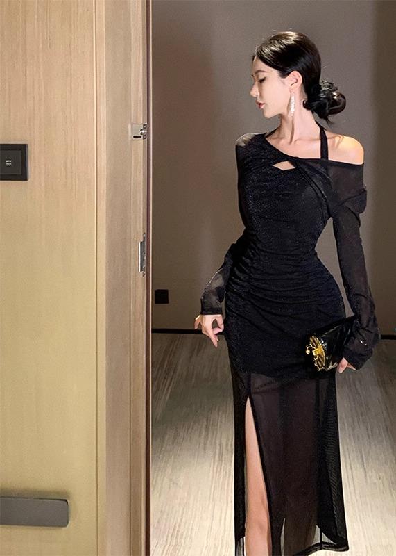 レディース ドレス 華やか セクシー エレガント パーティー 軽量 涼しい 涼しい 涼しい ラグジュアリー 社交界 魅惑 ショール ホルターネック オフ ショルダーバッグ ヒップ スリット スーツ ブラック イブニング