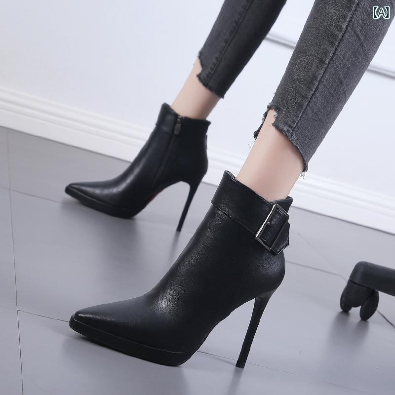 ブーツ レディース ハイヒール 厚 美脚 秋 ポインテッドトゥ 韓国 スティレット ショート ヌード