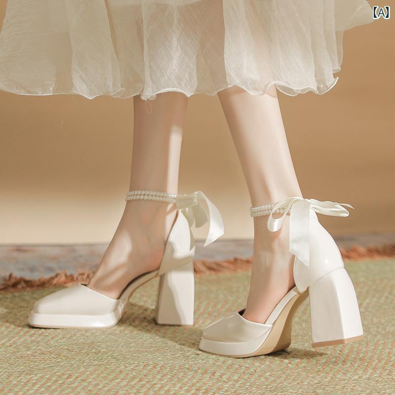 ヒール レディース パンプス 美脚 白 ハイヒール ウェディングシューズ フレンチ ワン ストラップ メリージェーン シューズ 防水 靴 太ヒール 歩きやい チャンキー シングル シューズ エレガント ブライドメイド サンダル