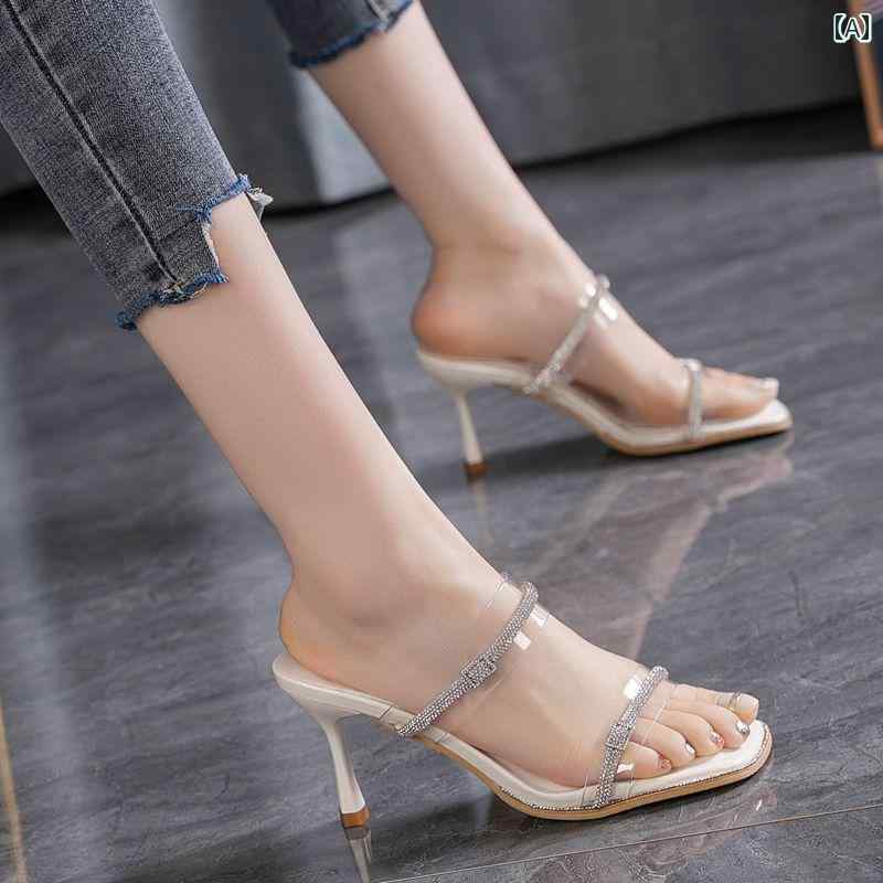 ヒール レディース パンプス 美脚 フェアリー 風水 ラインストーンストラップ サンダル アウター 夏 ス..