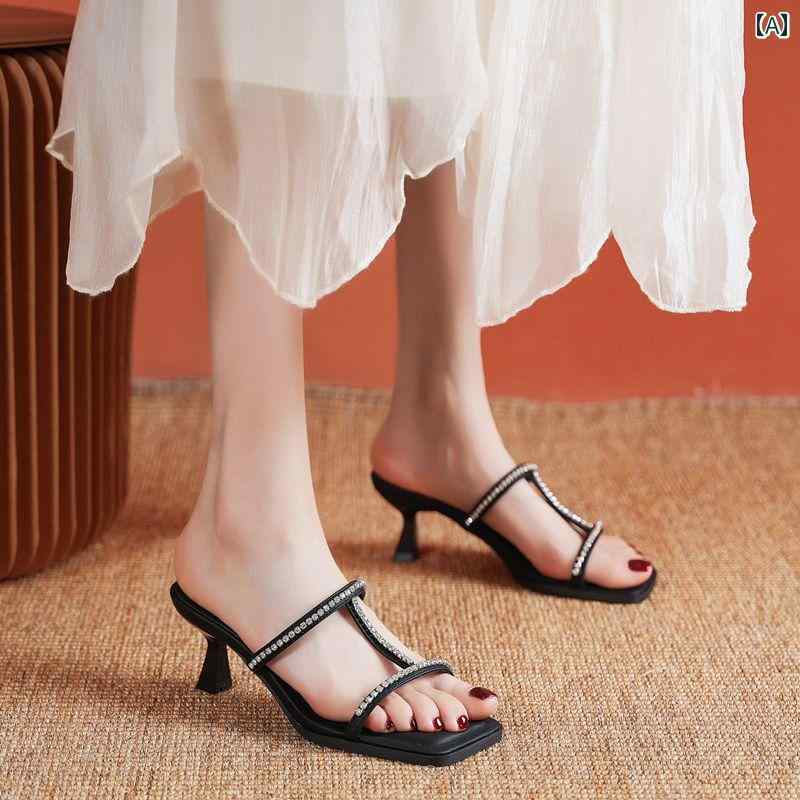 ヒール レディース パンプス 美脚 スティレット フレンチ ブラック ハイヒール アウターウェア 夏 ラインストーン 魅惑 サンダル オープントゥ スリッパ