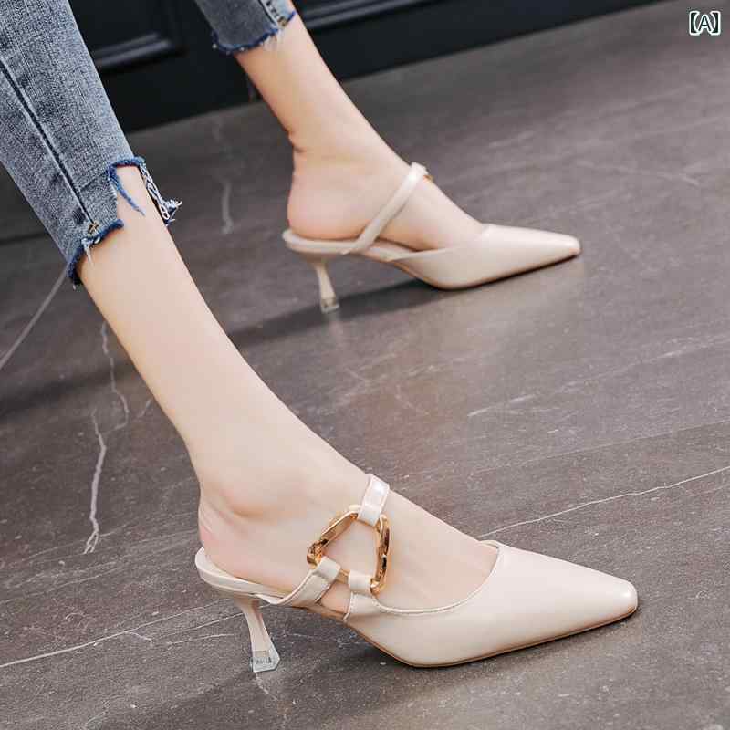 ヒール レディース パンプス 美脚 サンダル 春 アウター サンダル ワン ライン ストラップ スティレッ..