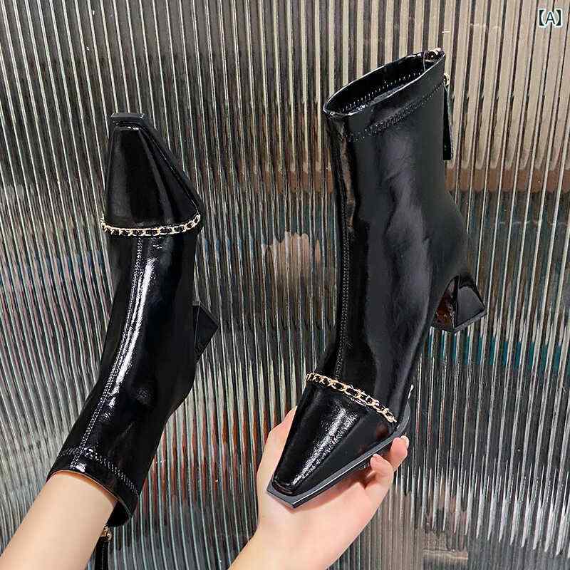 ブーツ レディース 疲れにくい おしゃれ 美脚 婦人靴 ハイヒール ファッション 冬 バック ジッパー スリム ポインテッドトゥ スティレット ヒール メタルチェーン ショート
