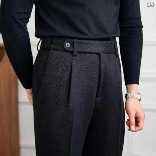 メンズ パンツ オフィス ビジネス カジュアル ダンディ 英国 冬 厚手 ヘリンボーン 黒 暖かい レトロ ウール メンズ パンツ オフィス ビジネス カジュアル ダンディ 英国 冬 厚手 ヘリンボーン 黒 暖かい レトロ ウール