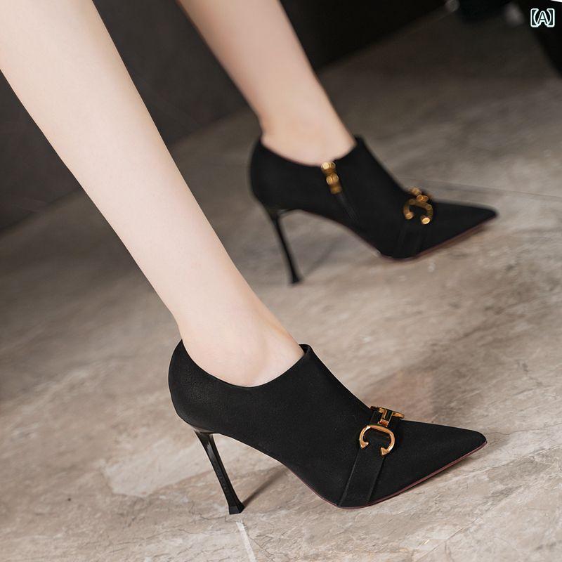 ブーツ レディース 疲れにくい おしゃれ 美脚 婦人靴 フランス 深口 ハイヒール 秋 ポインテッドトゥ スティレット シューズ 魅惑 アンクル