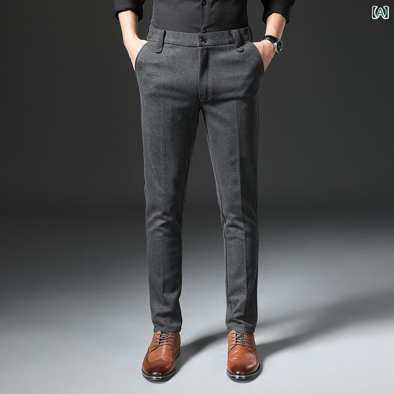 メンズ パンツ オフィス ビジネス カジュアル ダンディ ウール 秋冬 厚手 ストライプ スリム ウール 秋
