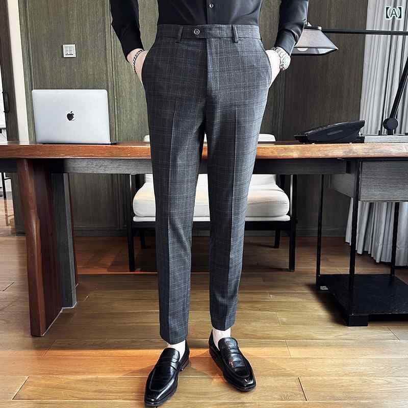 メンズ パンツ オフィス ビジネス カジュアル ダンディ チェック 春 韓国 トレンディ スリム フィット 英国