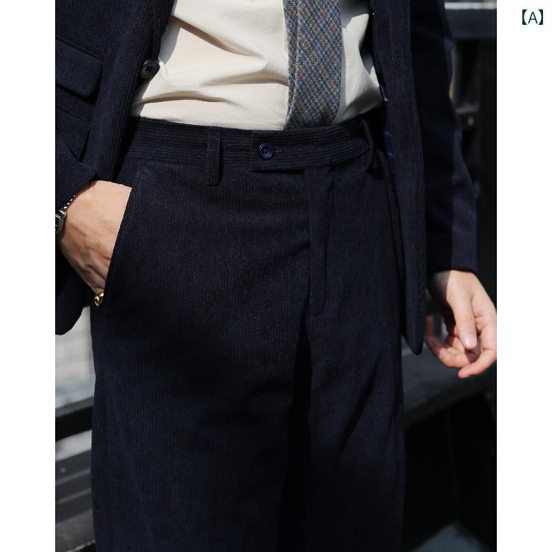 メンズ パンツ オフィス ビジネス カジュアル ダンディ 英国 レトロ ウエスト コーデュロイ 起毛 スリムフィット デイリー ワーク ノスタルジック