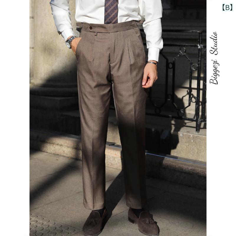 メンズ パンツ オフィス ビジネス カジュアル ダンディ イタリアン ナポリ ハイウエスト スリム ストレート ワーク ヤッピー 紳士 パリス ボタン ドレープ
