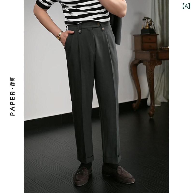 メンズ パンツ オフィス ビジネス カジュアル ダンディ 夏 綿 リネン シリーズ 通気性 快適 快適 ドレープ レトロ 無地 ズボン トレンド(4)