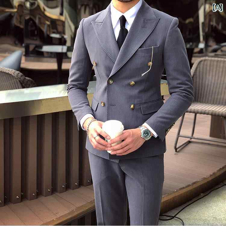 スーツ メンズ ビジネス オフィス ダンディ フォーマル カジュアル スリム ダブルブレスト セットアップ 韓国 英国