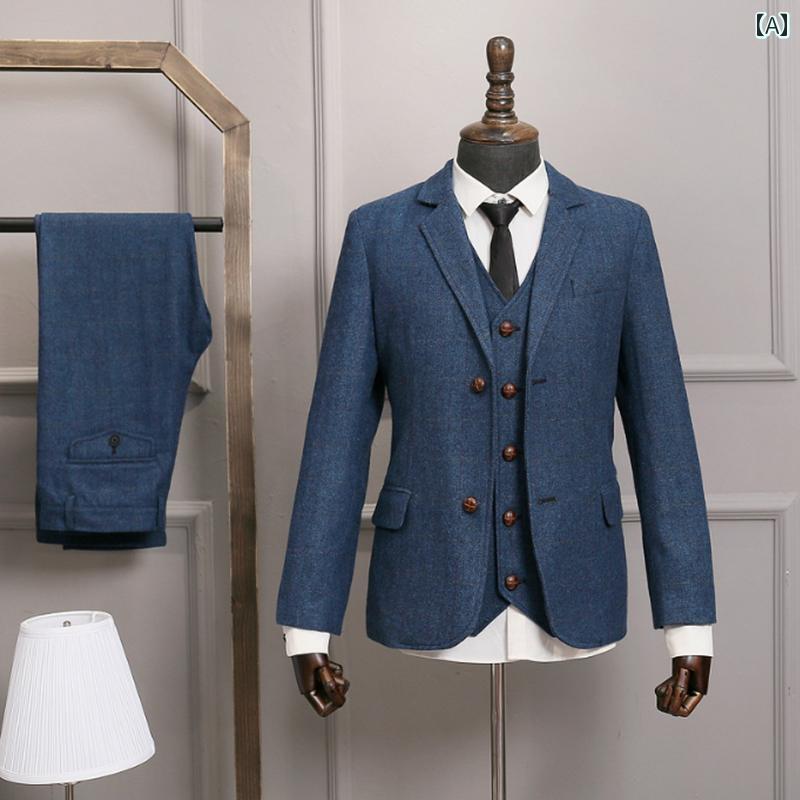 スーツ メンズ ビジネス オフィス ダンディ フォーマル 秋冬 ツイード レトロ ヘリンボーン チェック アメリカン ウール 3点