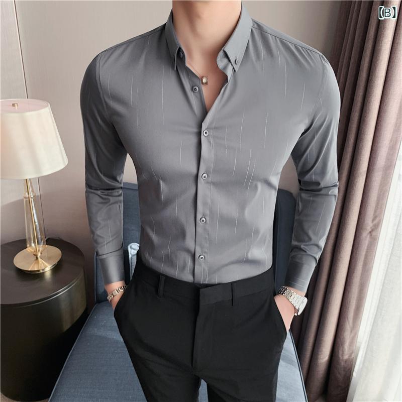 メンズ トップス おしゃれ ダンディ 春秋 不規則 ストライプシャツ 韓国 ビジネス カジュアル シャツ スリム ファッション 紳士服
