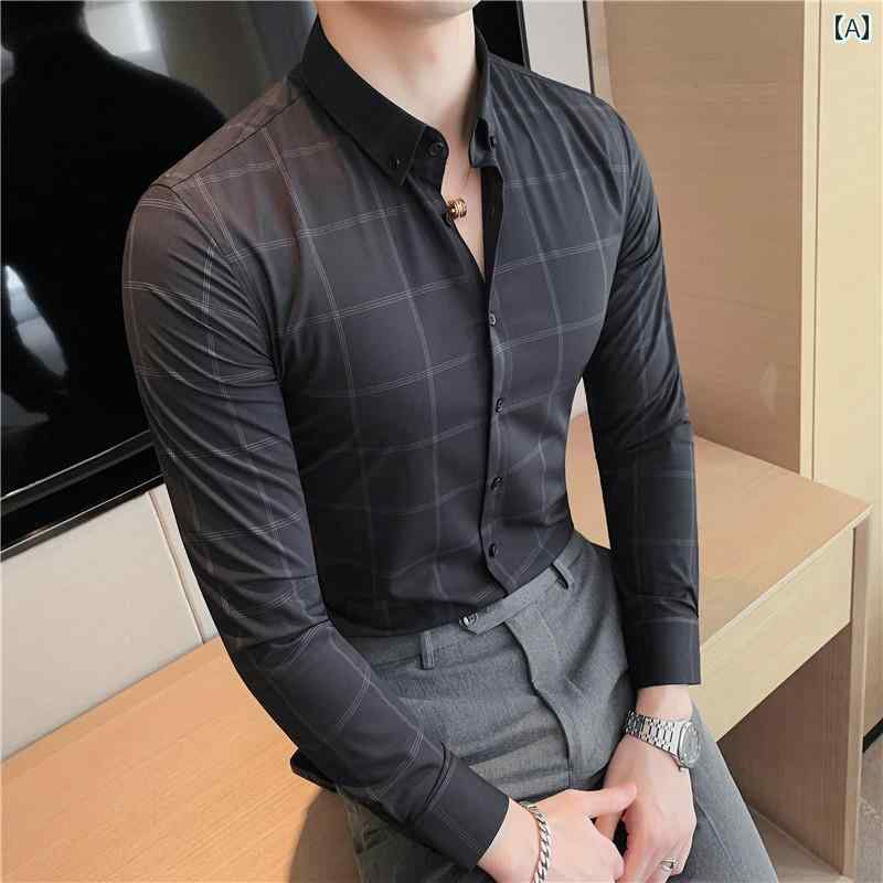メンズ トップス おしゃれ ダンディ 春秋 チェック 長袖 シャツ ビジネス カジュアル シャツ 韓国 トレンディ スリム フォーマル シャツ
