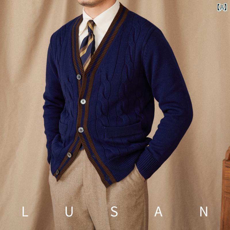 メンズ トップス おしゃれ ダンディ 秋冬 英国 スリム 通勤 ケーブル ニットカーディガン イタリア レ..