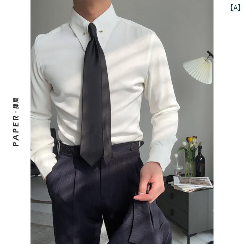 メンズ トップス おしゃれ ダンディ 白 エンパイア カラー シャツ イタリア 紳士 レトロ ピン ホール カラー スリム シャツ ビジネス フォーマル